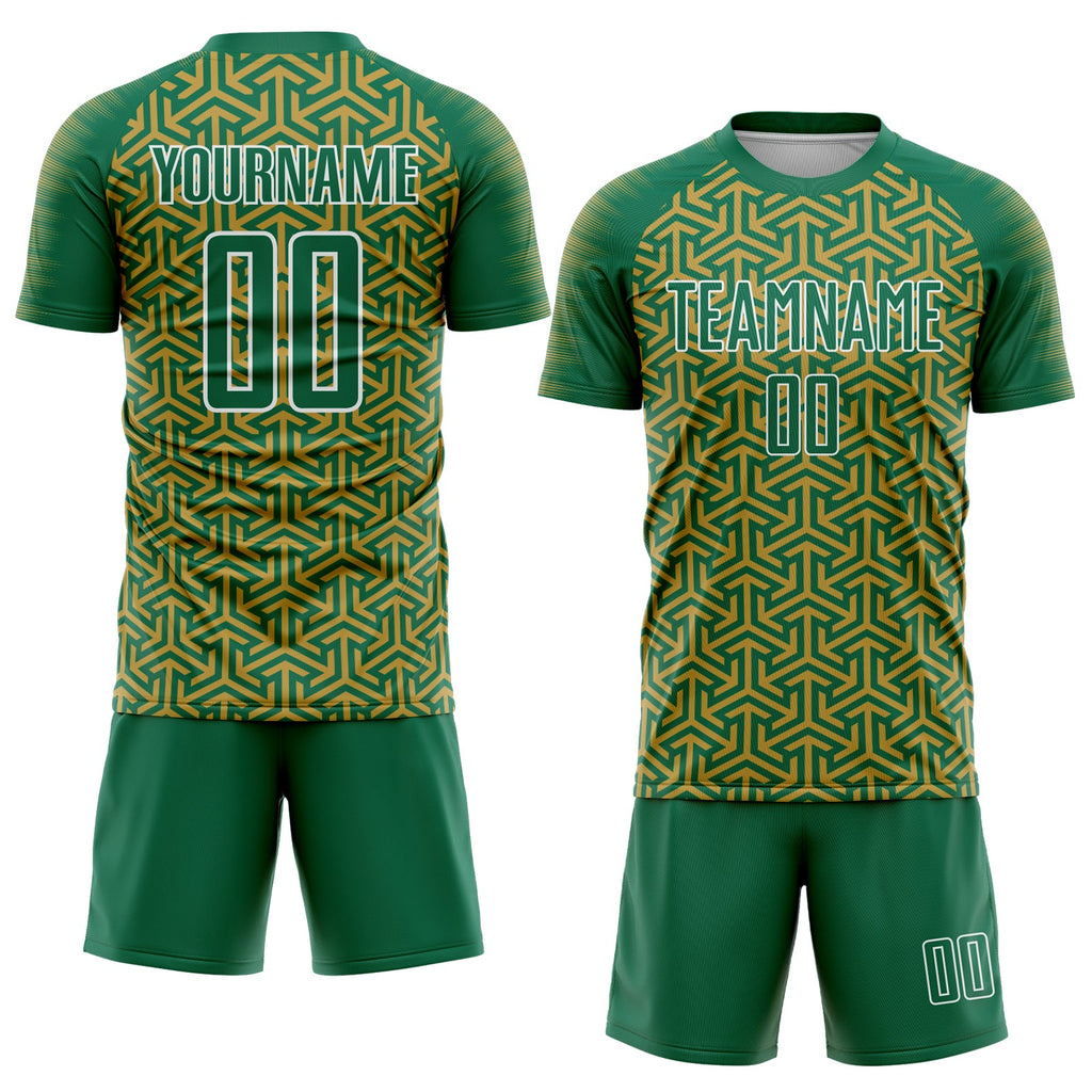 Custom Kelly Green Old Gold-White Geometric Arrow Sublimation Soccer Uniform Jersey