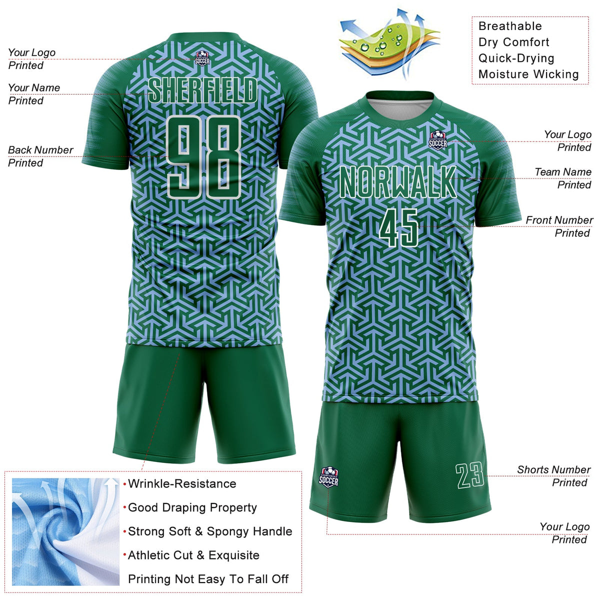 Custom Kelly Green Light Blue-White Geometric Arrow Sublimation Soccer Uniform Jersey