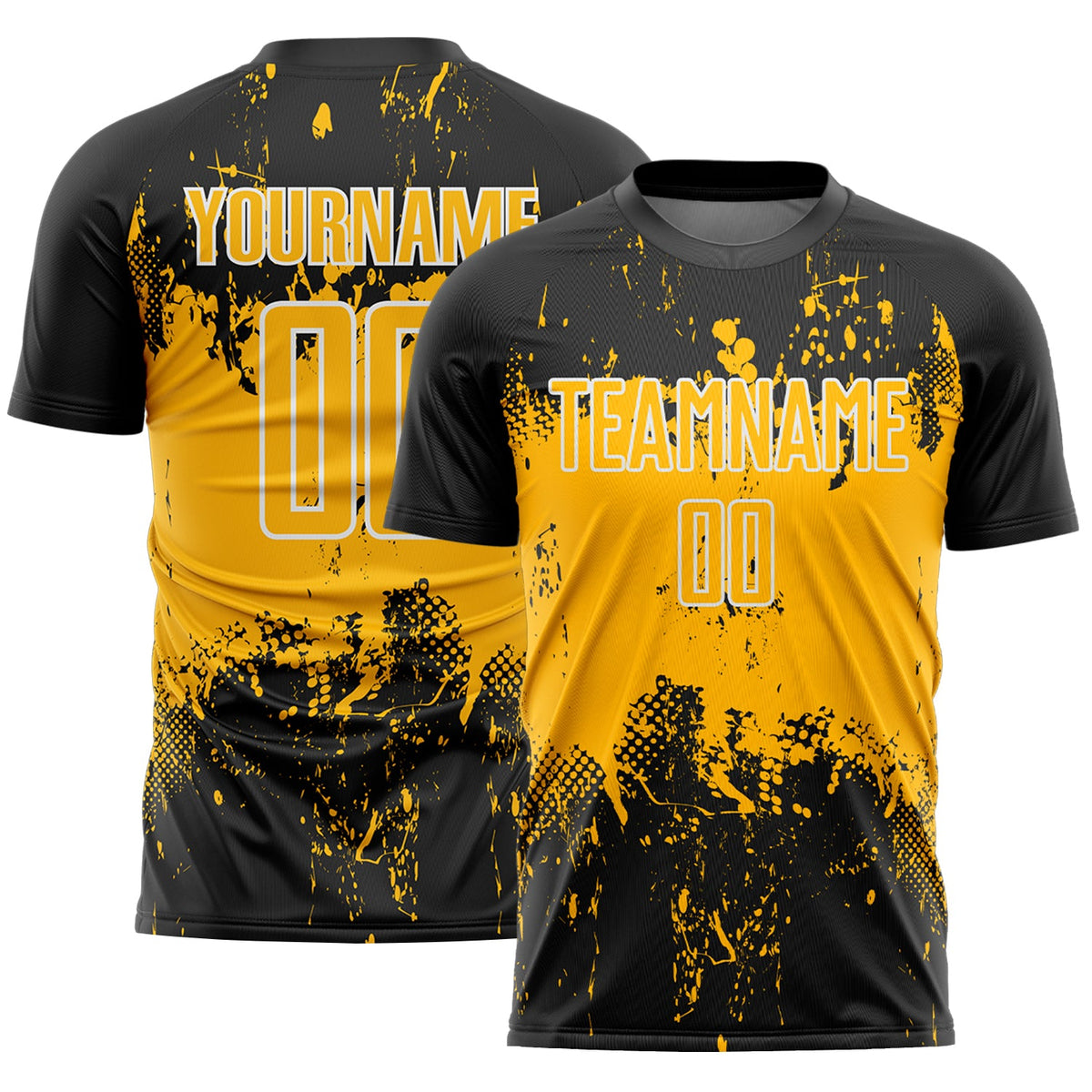 Custom Black Gold-White Abstract Splatter Grunge Art Sports Sublimation Soccer Uniform Jersey