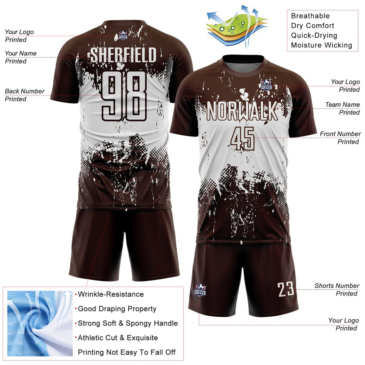 Custom Brown White Abstract Splatter Grunge Art Sports Sublimation Soccer Uniform Jersey
