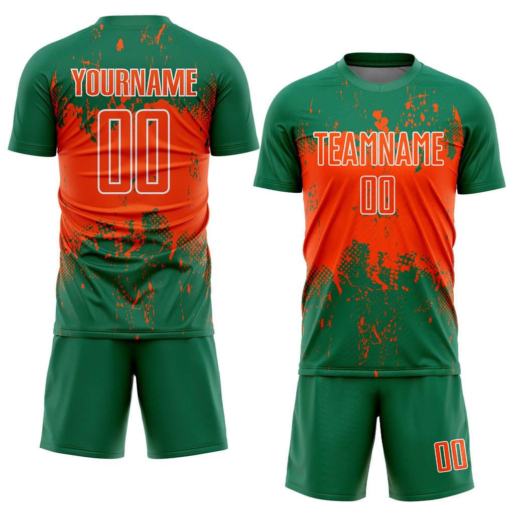 Custom Kelly Green Orange-White Abstract Splatter Grunge Art Sports Sublimation Soccer Uniform Jersey