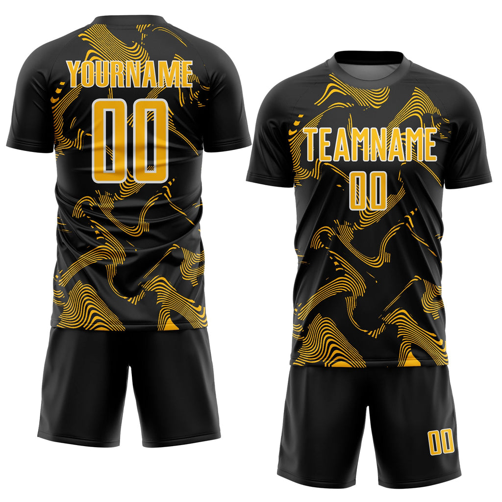 Custom Black Gold-White Curve Lines Sports Sublimation Soccer Uniform Jersey