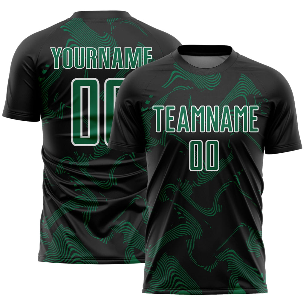 Custom Black Kelly Green-White Curve Lines Sports Sublimation Soccer Uniform Jersey