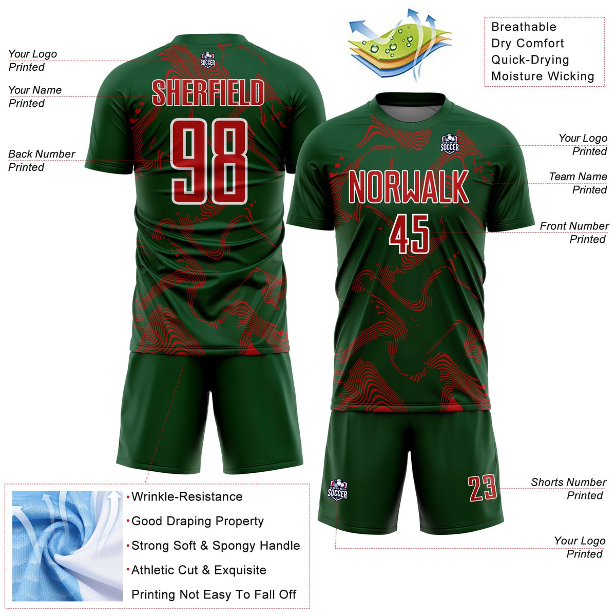 Custom Green Red-White Curve Lines Sports Sublimation Soccer Uniform Jersey