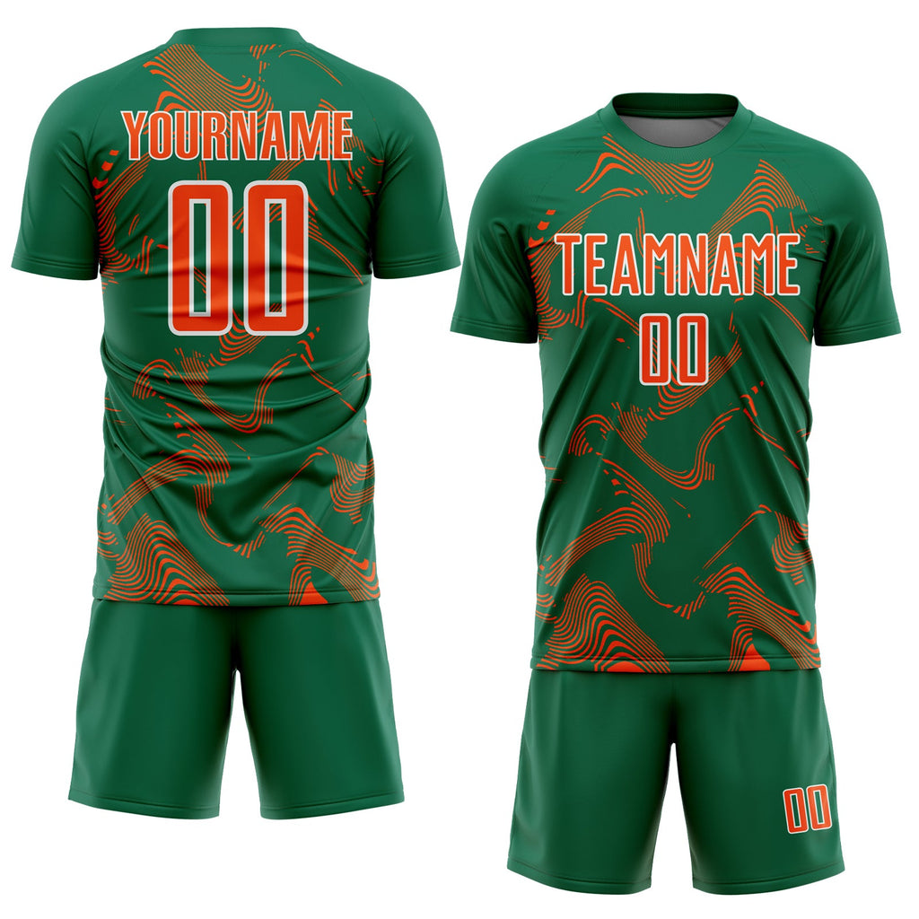 Custom Kelly Green Orange-White Curve Lines Sports Sublimation Soccer Uniform Jersey
