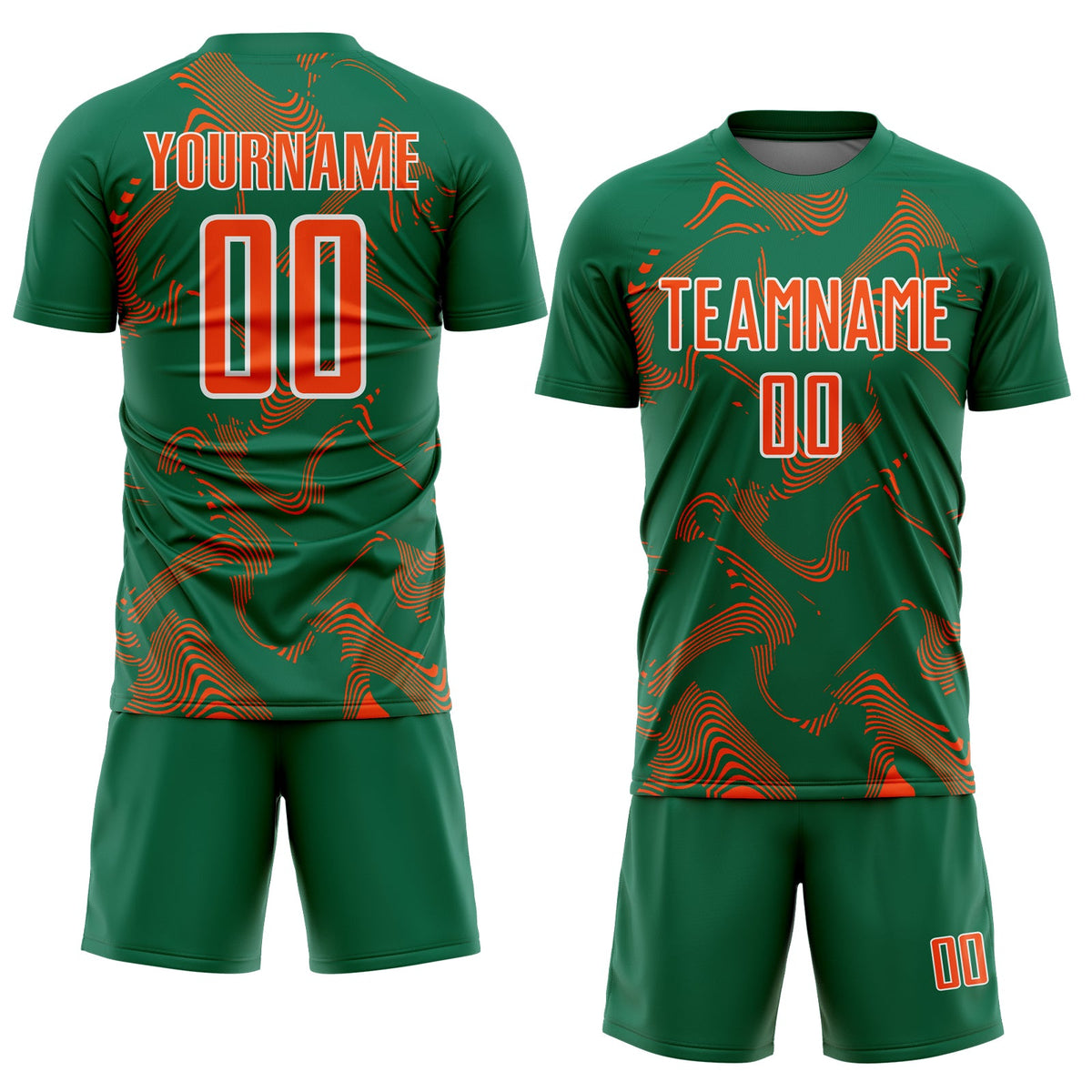 Custom Kelly Green Orange-White Curve Lines Sports Sublimation Soccer Uniform Jersey