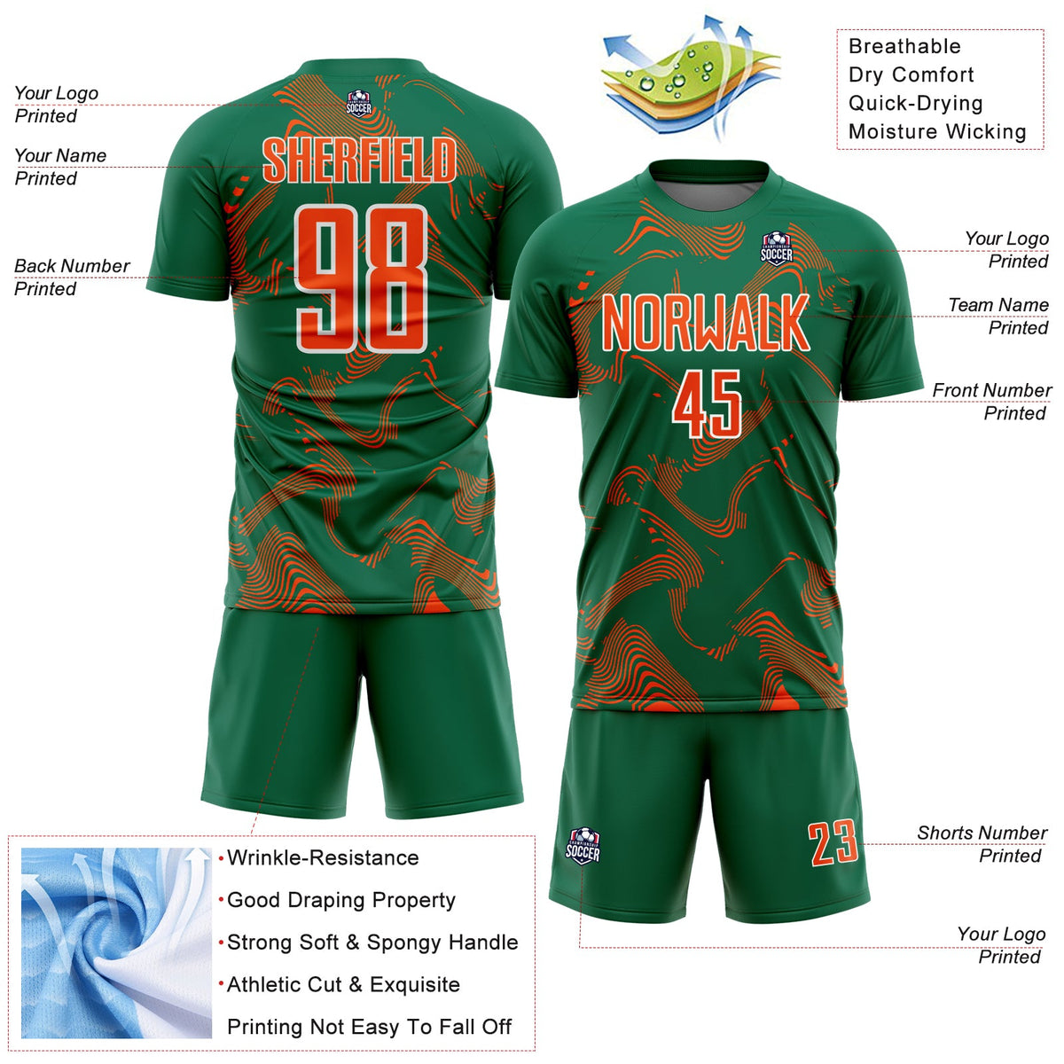 Custom Kelly Green Orange-White Curve Lines Sports Sublimation Soccer Uniform Jersey