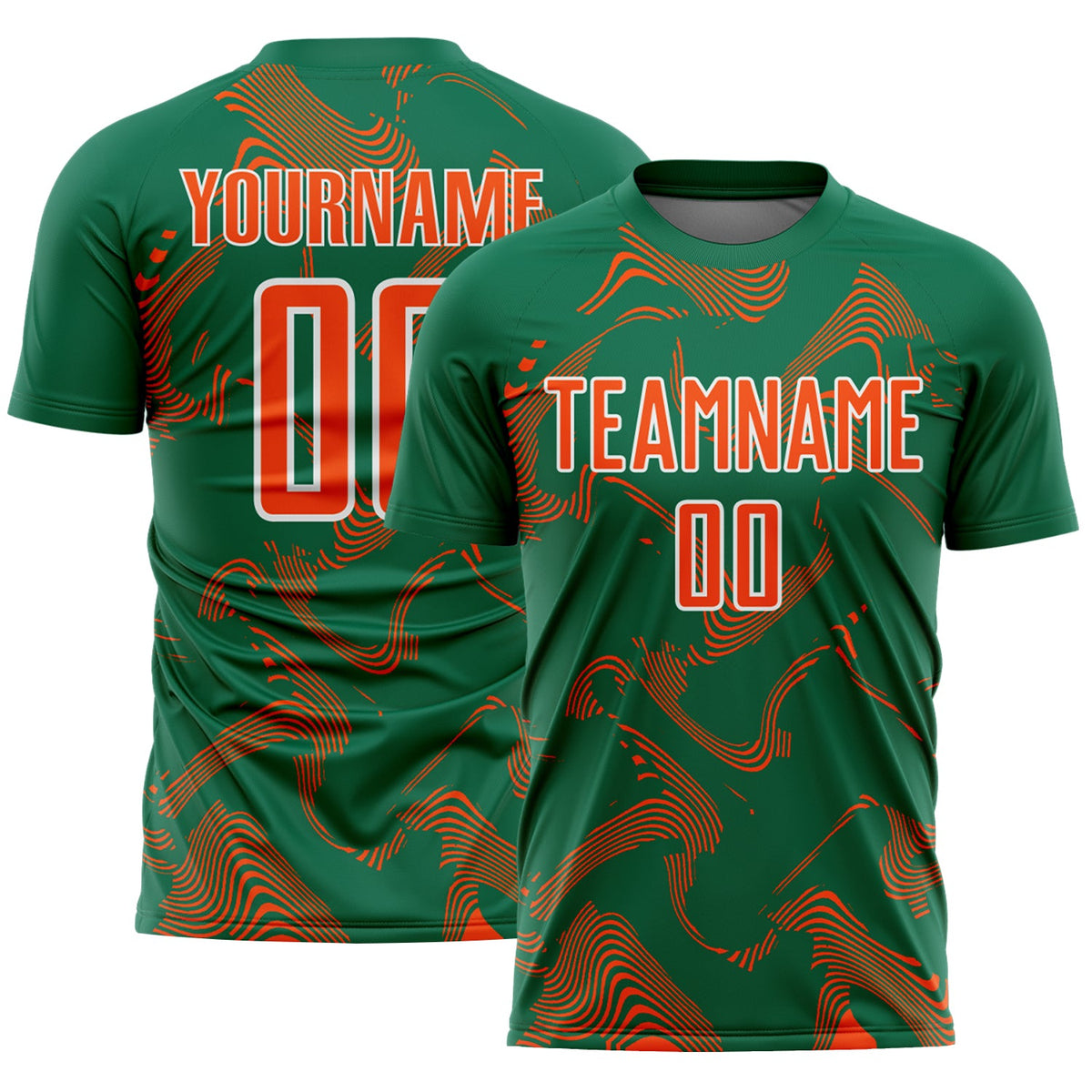 Custom Kelly Green Orange-White Curve Lines Sports Sublimation Soccer Uniform Jersey