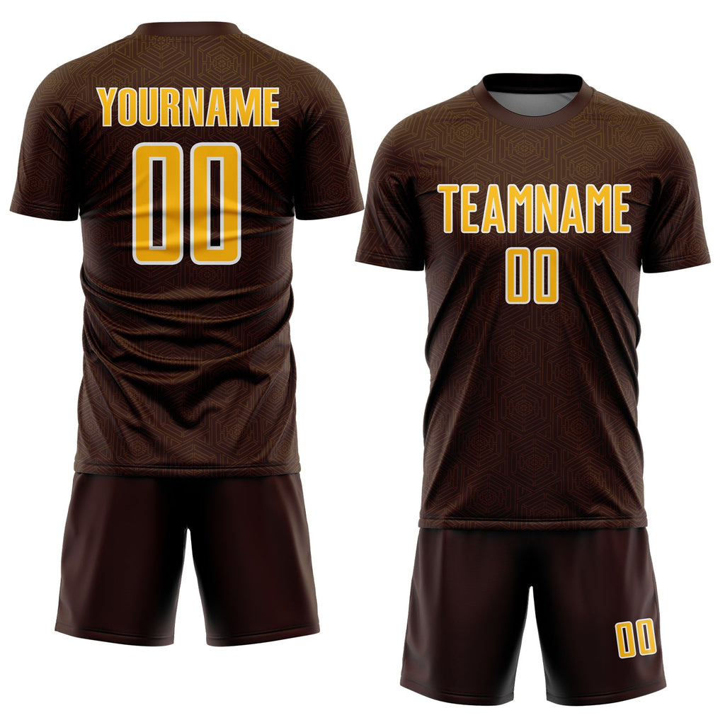 Custom Brown Gold-White Geometric Shape Sports Sublimation Soccer Uniform Jersey