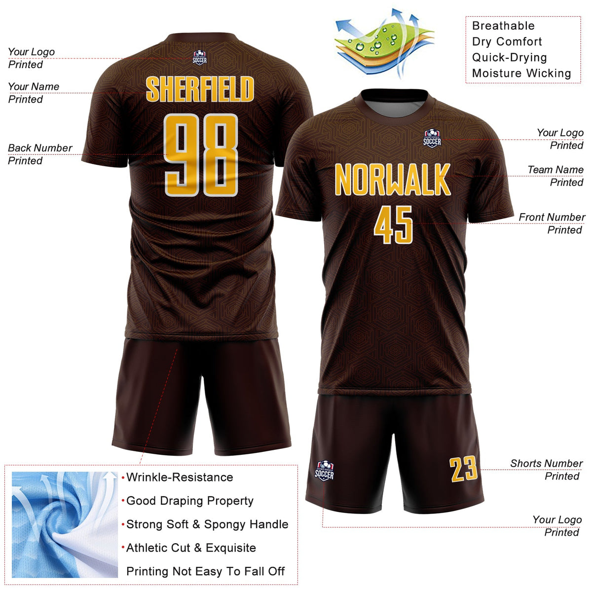 Custom Brown Gold-White Geometric Shape Sports Sublimation Soccer Uniform Jersey