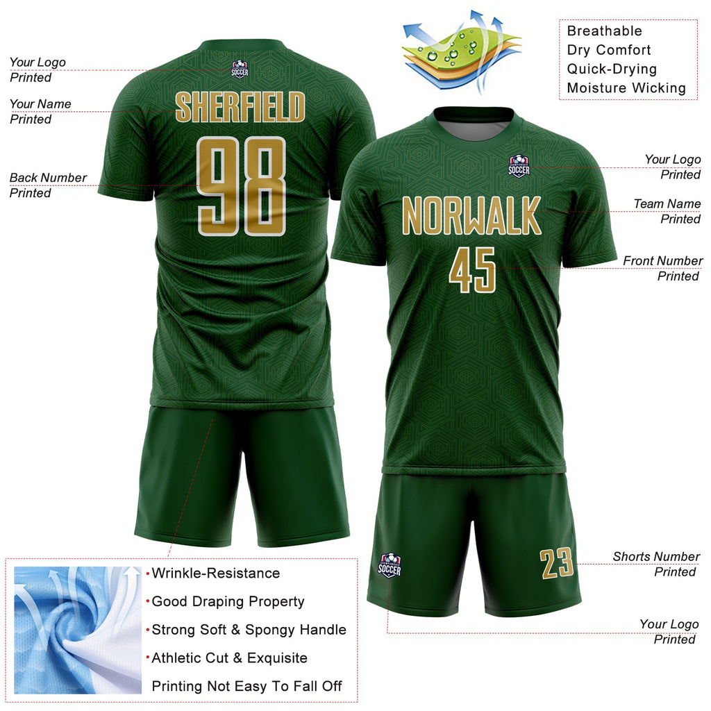 Custom Green Old Gold-White Geometric Shape Sports Sublimation Soccer Uniform Jersey
