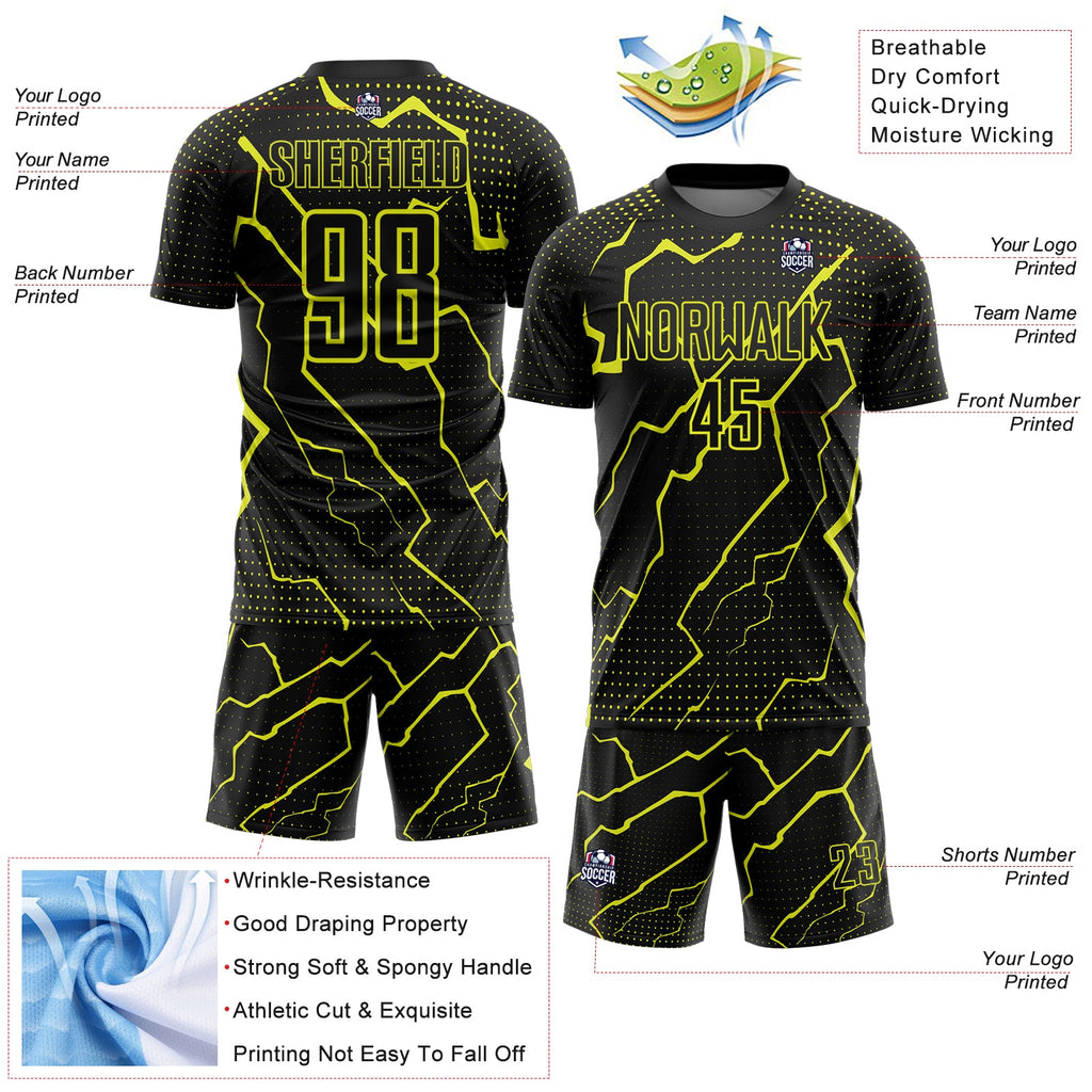 Custom Black Neon Yellow Lightning Sports Sublimation Soccer Uniform Jersey