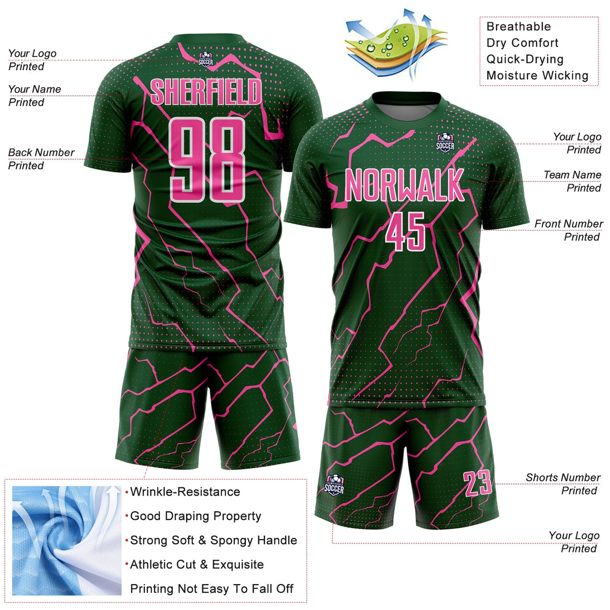 Custom Green Pink-White Lightning Sports Sublimation Soccer Uniform Jersey