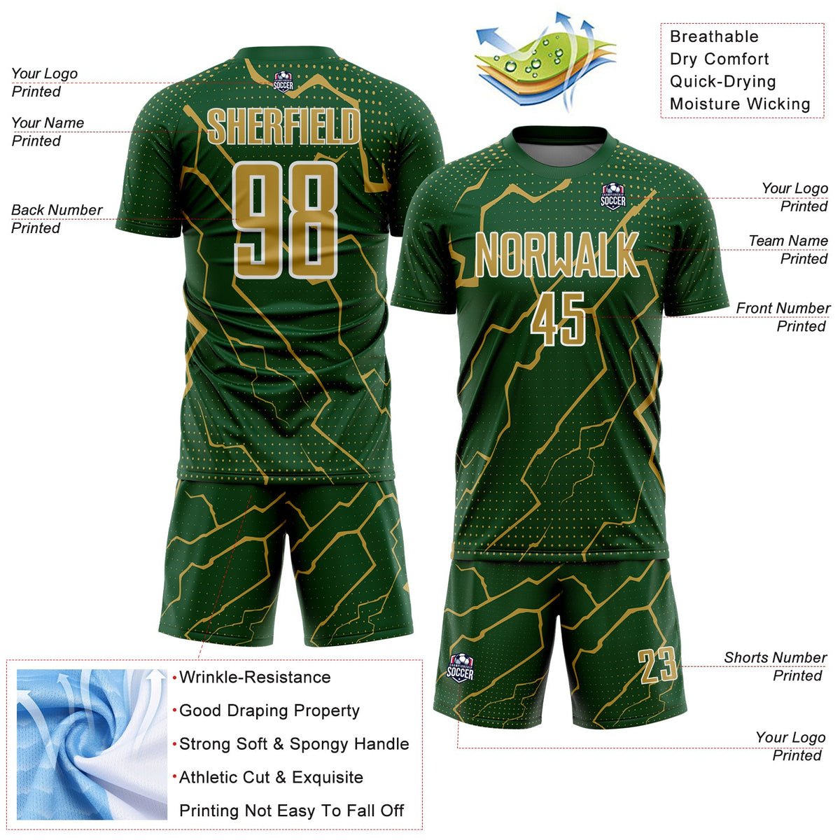 Custom Green Old Gold-White Lightning Sports Sublimation Soccer Uniform Jersey