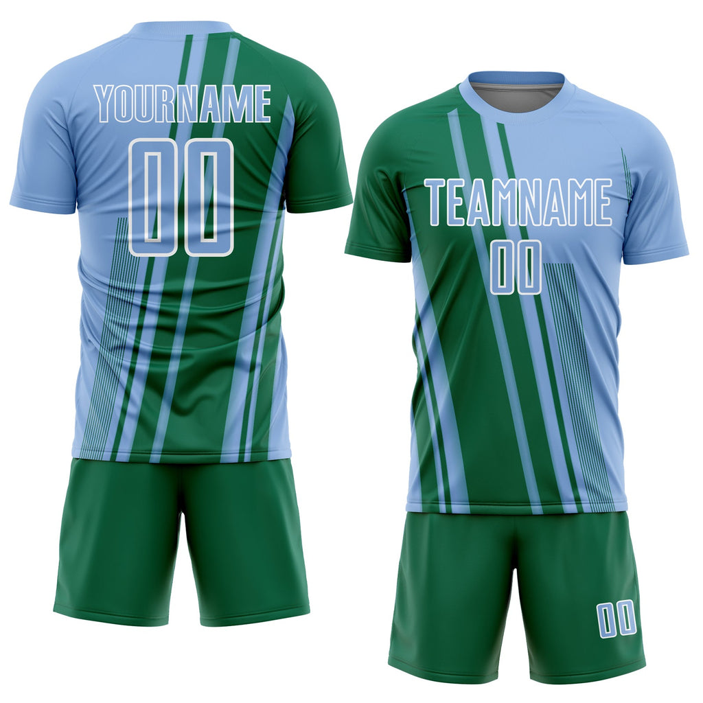 Custom Light Blue Kelly Green-White Lines Sports Sublimation Soccer Uniform Jersey