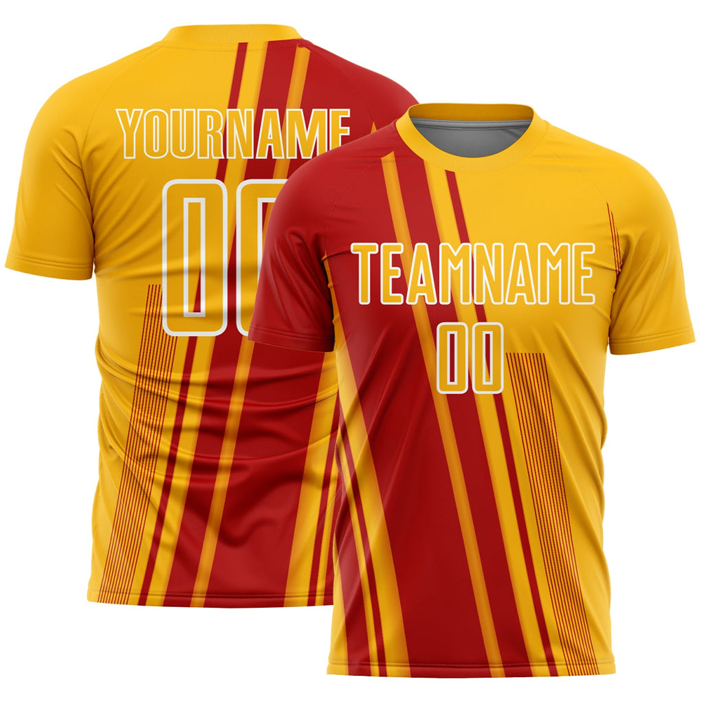 Custom Gold Red-White Lines Sports Sublimation Soccer Uniform Jersey