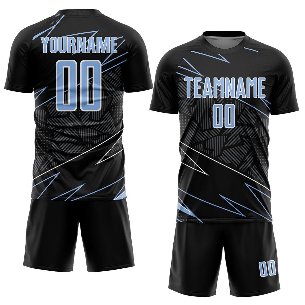 Custom Black Light Blue-White Lines Sports Sublimation Soccer Uniform Jersey