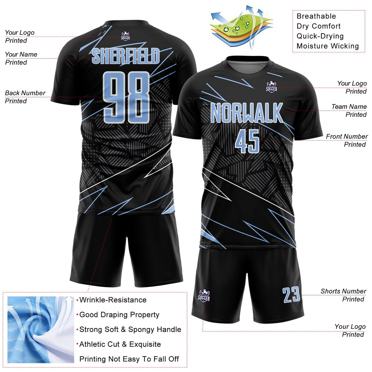 Custom Black Light Blue-White Lines Sports Sublimation Soccer Uniform Jersey