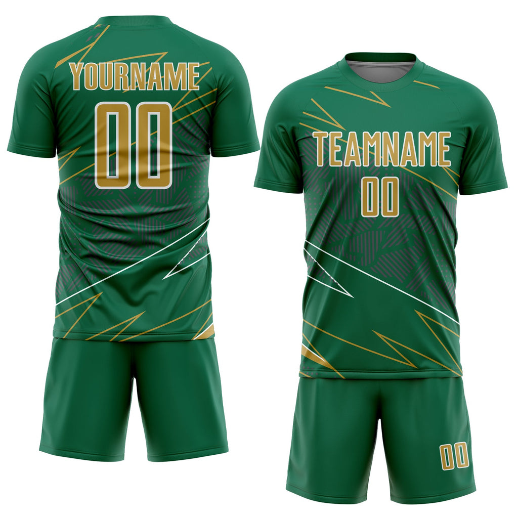 Custom Kelly Green Old Gold-White Lines Sports Sublimation Soccer Uniform Jersey