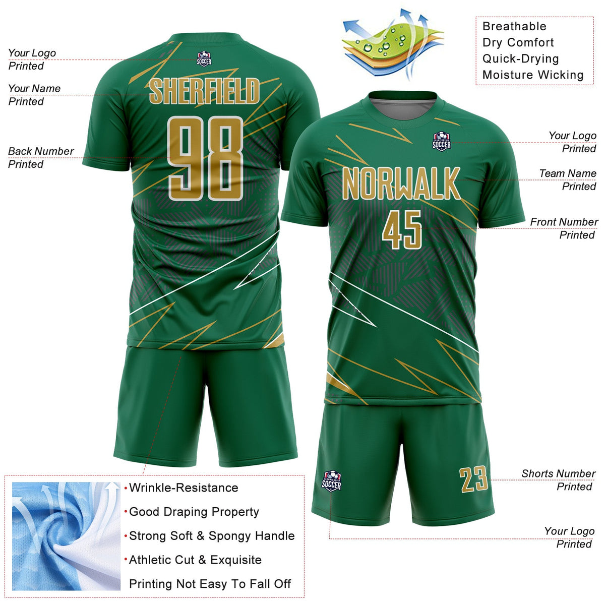 Custom Kelly Green Old Gold-White Lines Sports Sublimation Soccer Uniform Jersey