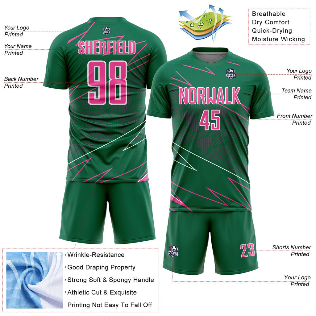 Custom Kelly Green Pink-White Lines Sports Sublimation Soccer Uniform Jersey