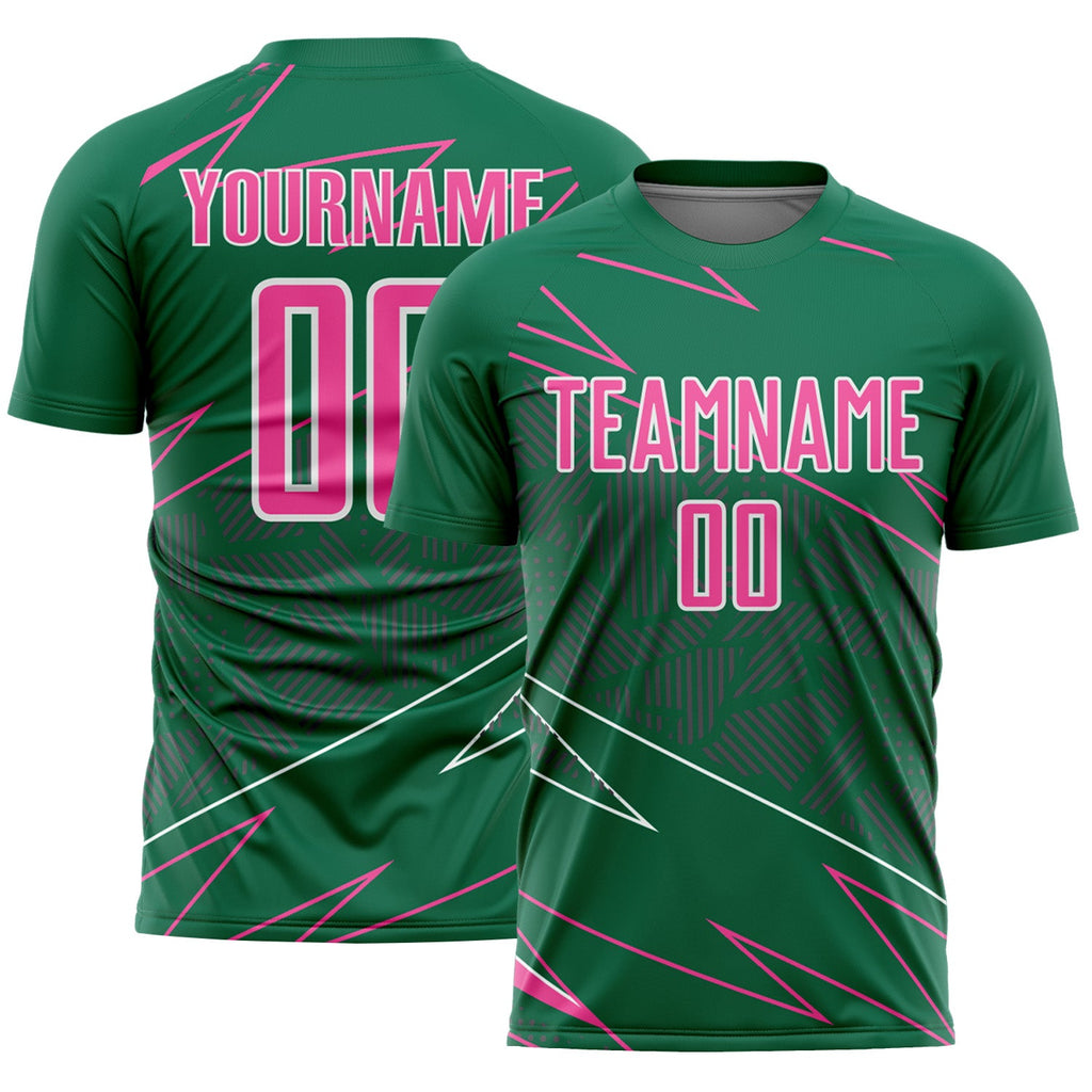 Custom Kelly Green Pink-White Lines Sports Sublimation Soccer Uniform Jersey