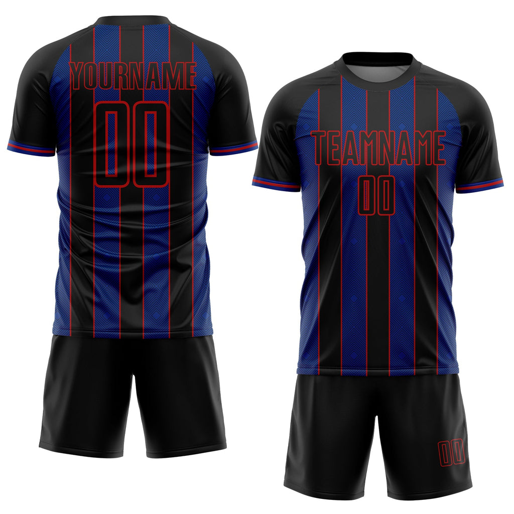 Custom Black Royal-Red Pinstripe Line Sports Sublimation Soccer Uniform Jersey