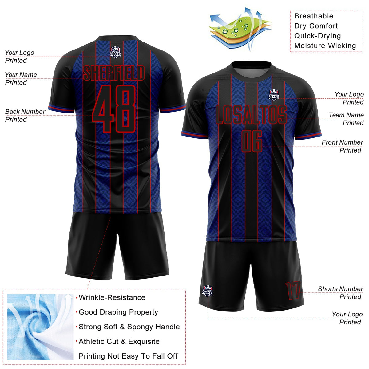 Custom Black Royal-Red Pinstripe Line Sports Sublimation Soccer Uniform Jersey