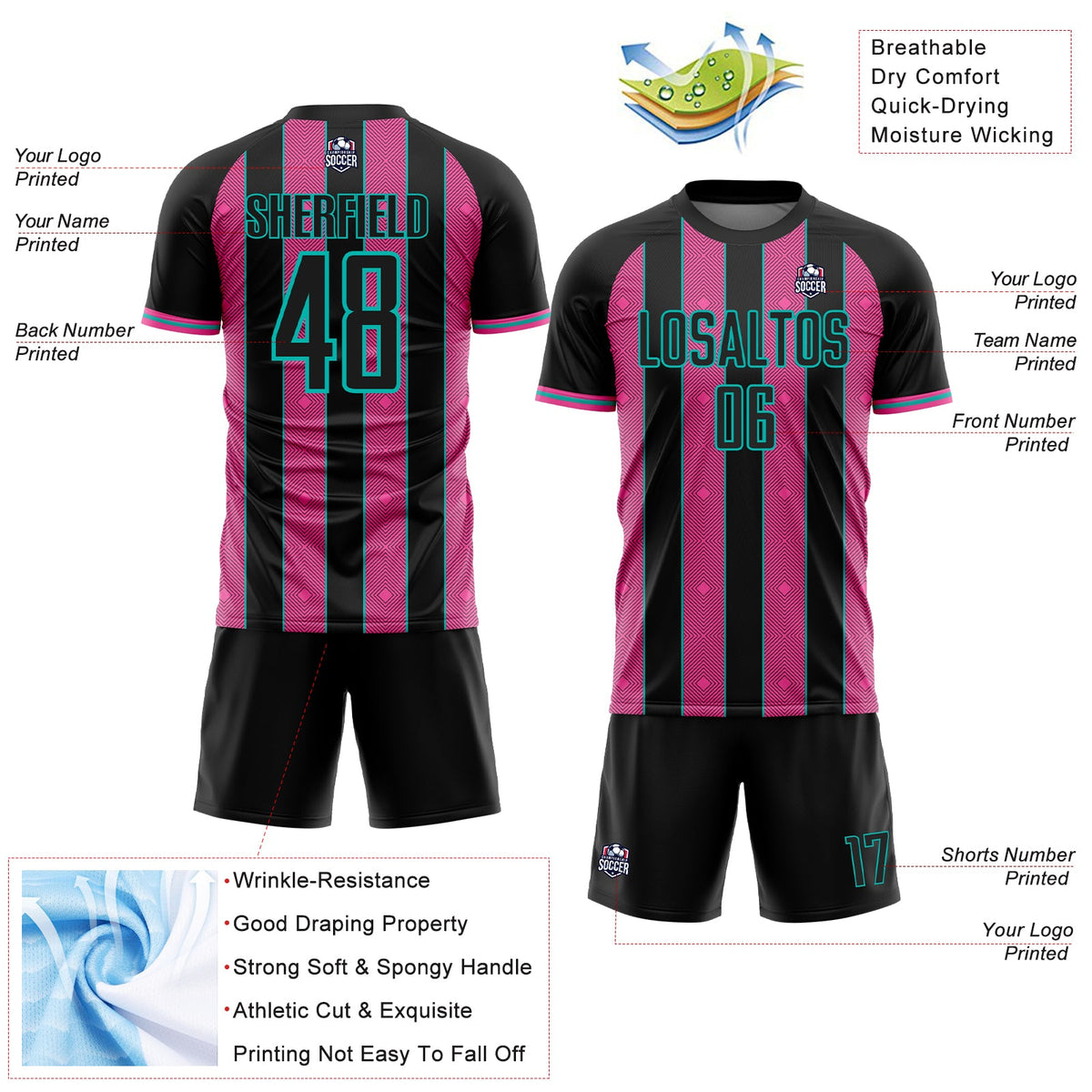 Custom Black Pink-Aqua Pinstripe Line Sports Sublimation Soccer Uniform Jersey