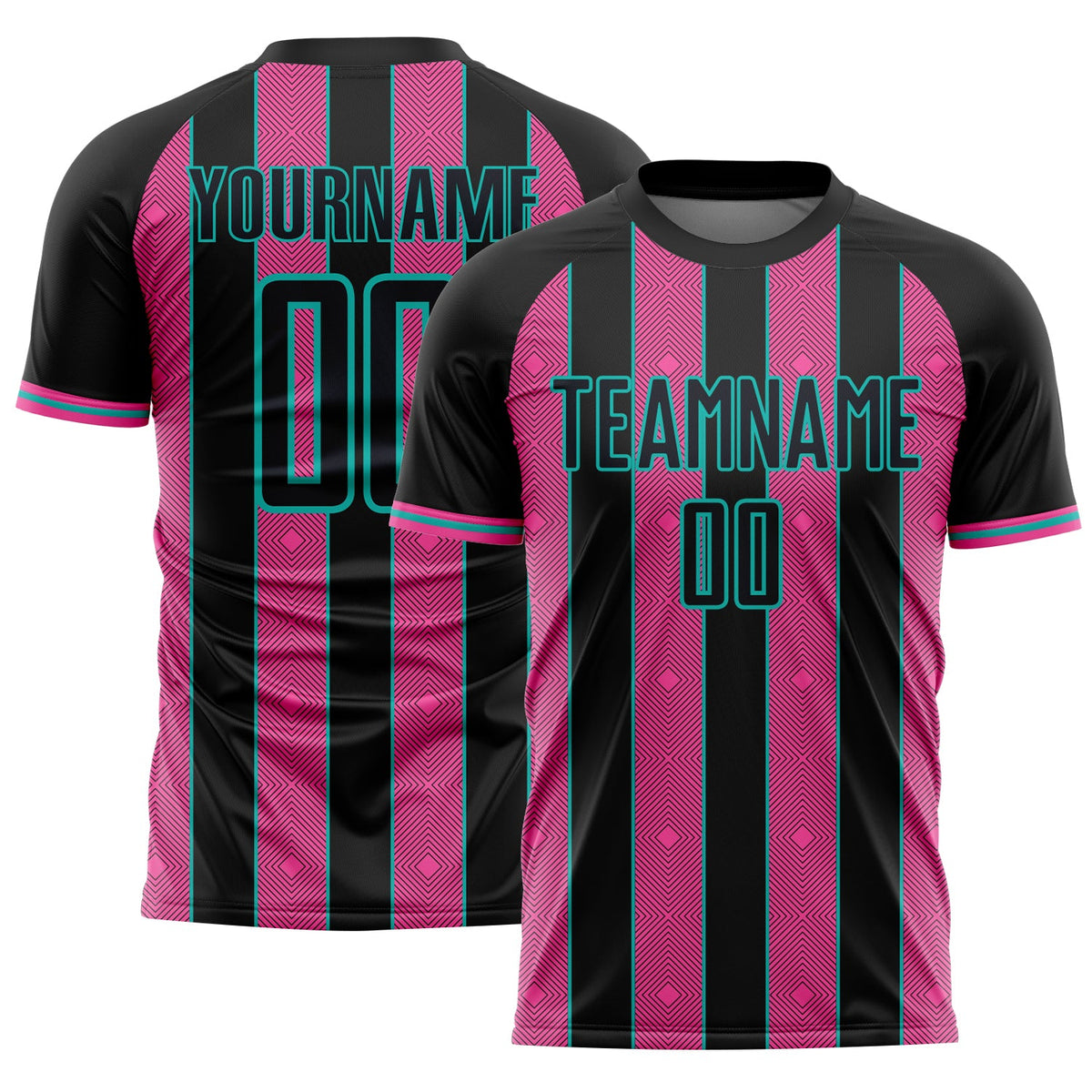 Custom Black Pink-Aqua Pinstripe Line Sports Sublimation Soccer Uniform Jersey