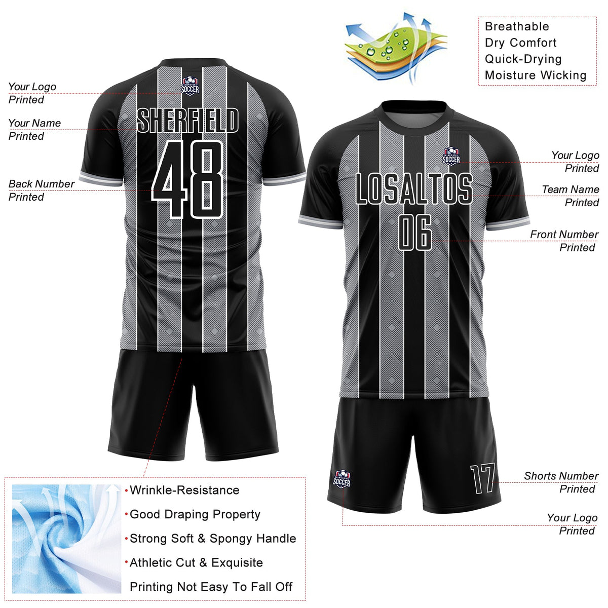 Custom Black Gray-White Pinstripe Line Sports Sublimation Soccer Uniform Jersey