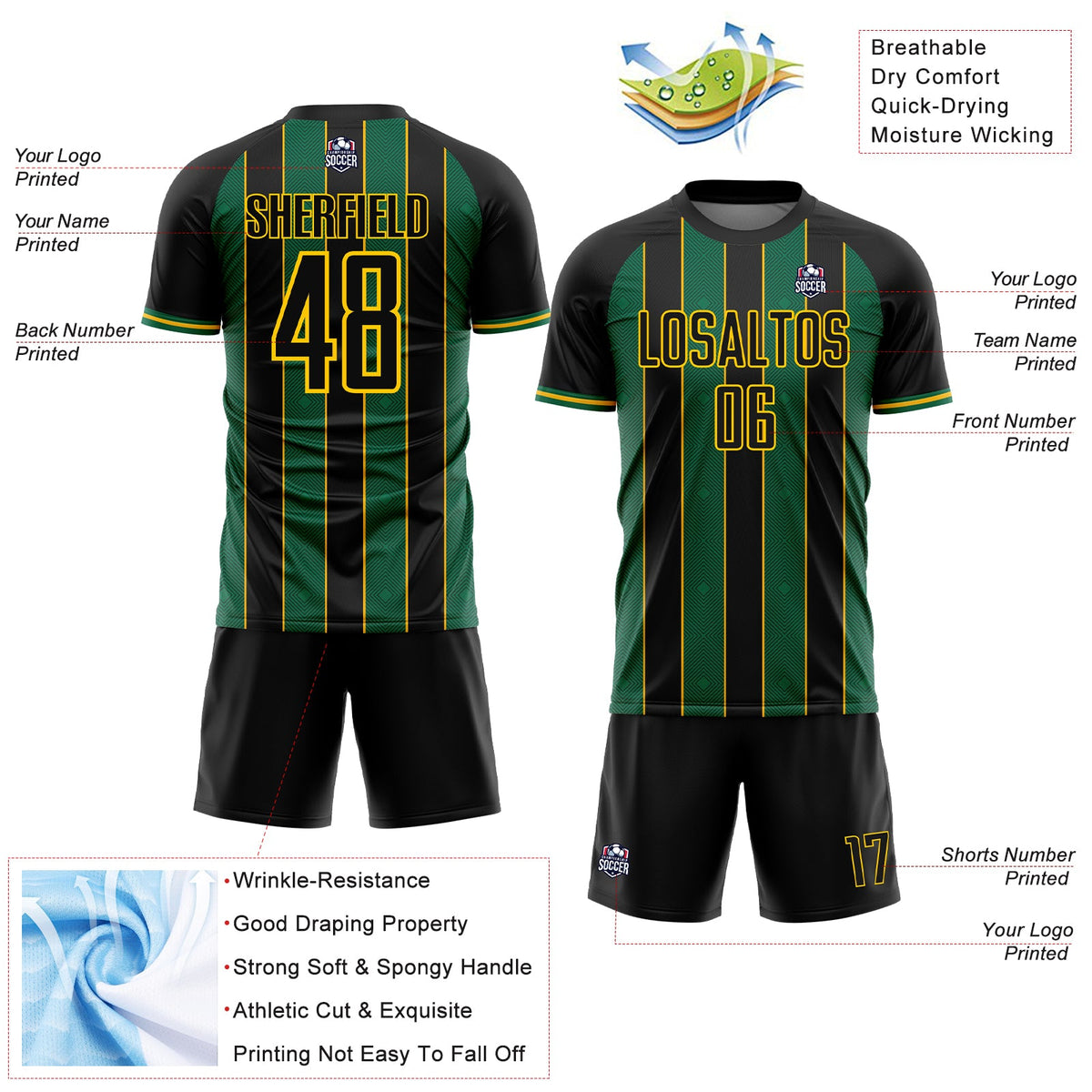 Custom Black Kelly Green-Gold Pinstripe Line Sports Sublimation Soccer Uniform Jersey