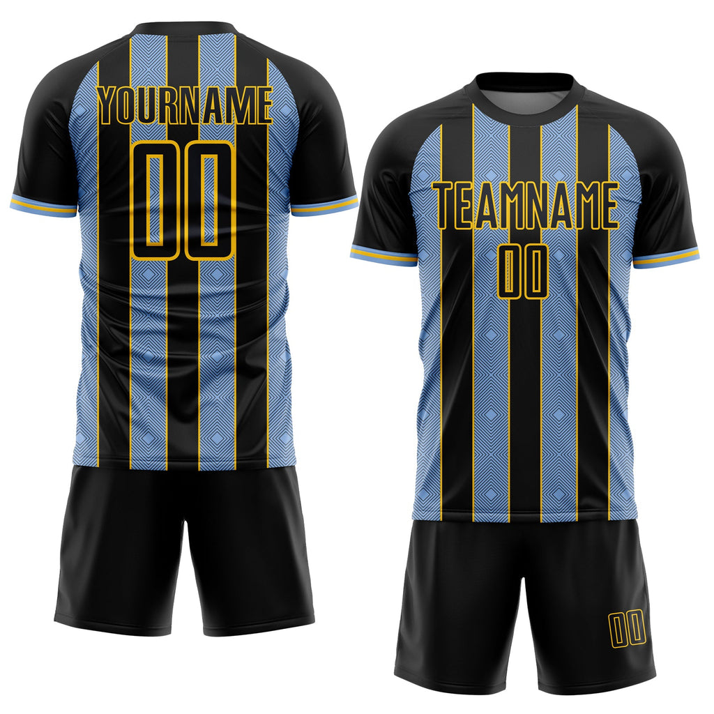 Custom Black Light Blue-Yellow Pinstripe Line Sports Sublimation Soccer Uniform Jersey