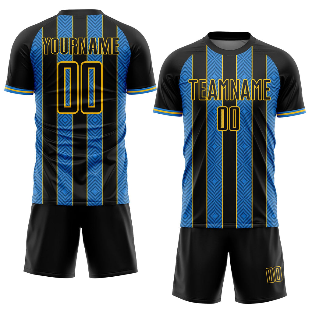 Custom Black Powder Blue-Yellow Pinstripe Line Sports Sublimation Soccer Uniform Jersey