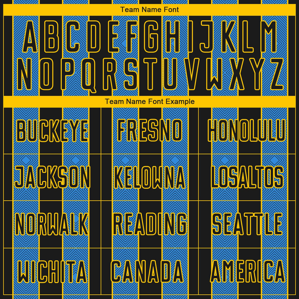 Custom Black Powder Blue-Yellow Pinstripe Line Sports Sublimation Soccer Uniform Jersey