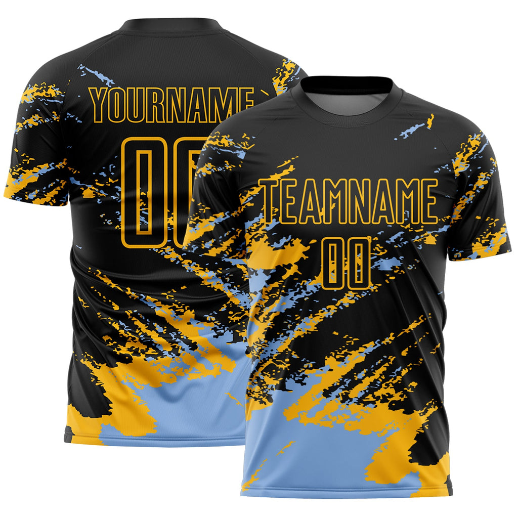 Custom Black Light Blue-Gold Abstract Fragment Art Splash Sports Sublimation Soccer Uniform Jersey
