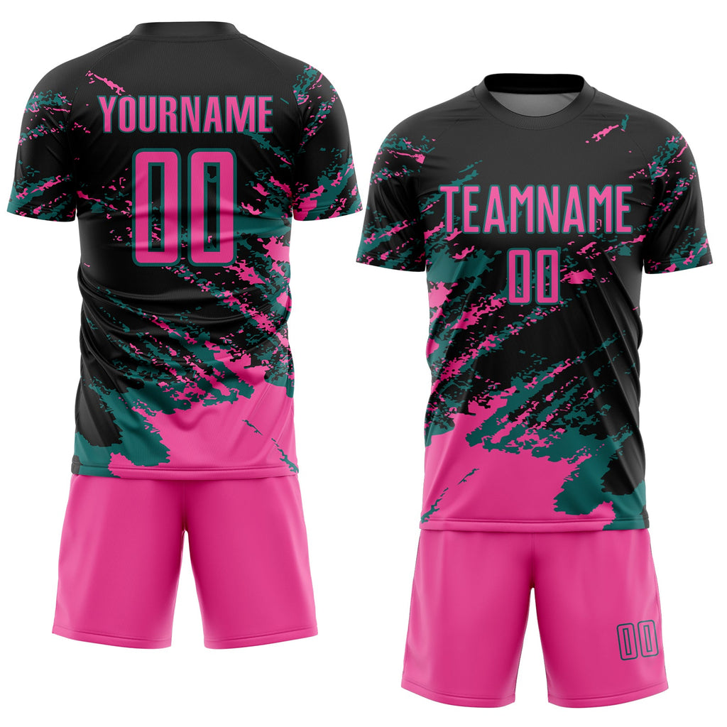 Custom Black Pink-Teal Abstract Fragment Art Splash Sports Sublimation Soccer Uniform Jersey