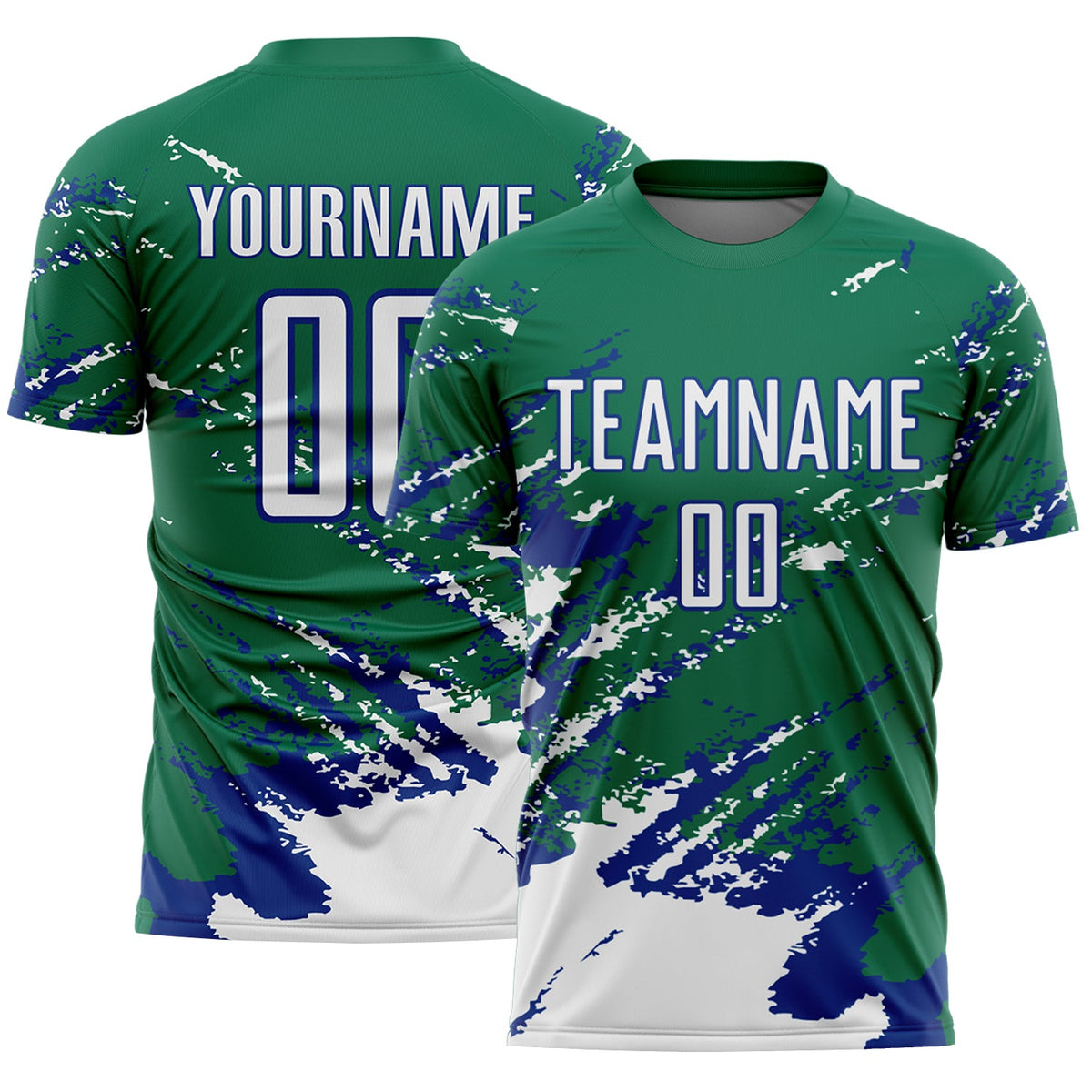 Custom Kelly Green White-Royal Abstract Fragment Art Splash Sports Sublimation Soccer Uniform Jersey