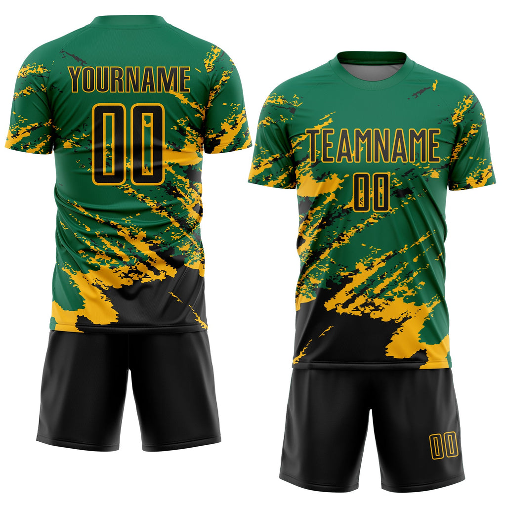 Custom Kelly Green Black-Gold Abstract Fragment Art Splash Sports Sublimation Soccer Uniform Jersey