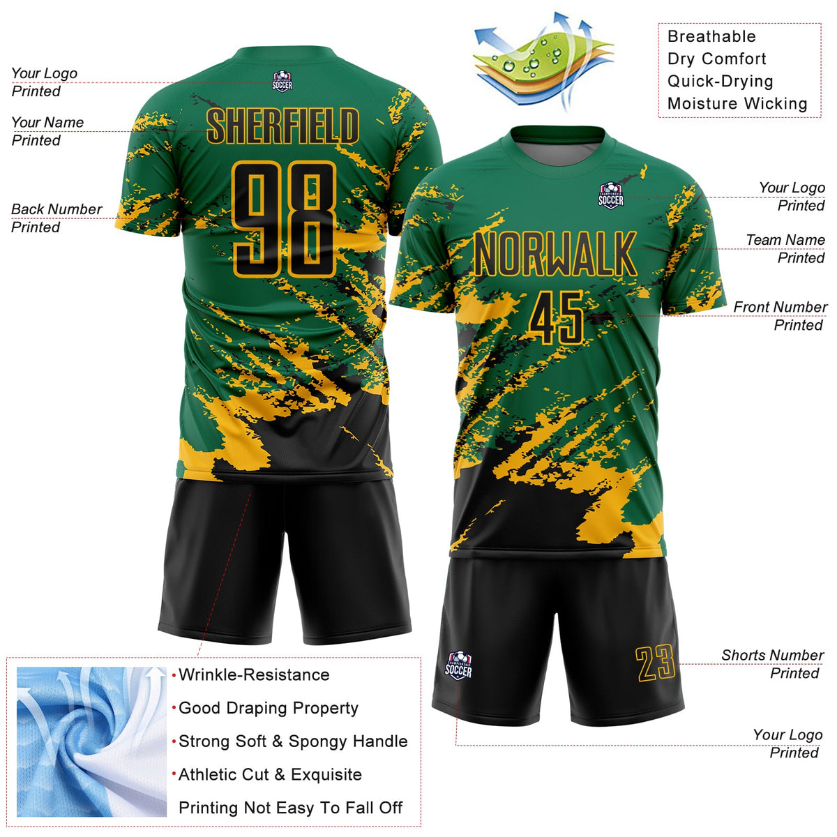 Custom Kelly Green Black-Gold Abstract Fragment Art Splash Sports Sublimation Soccer Uniform Jersey