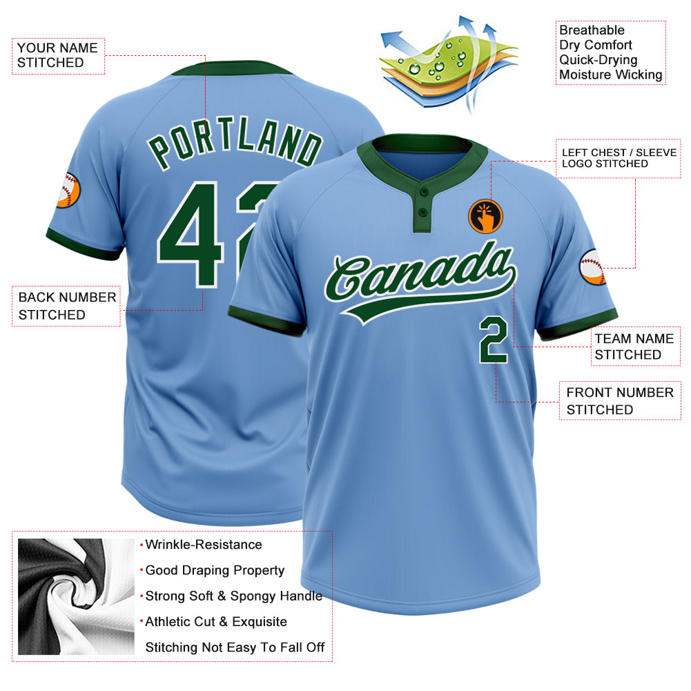 Custom Light Blue Green-White Two-Button Unisex Softball Jersey