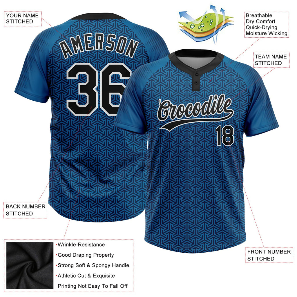 Custom Blue Black-White 3D Pattern Two-Button Unisex Softball Jersey