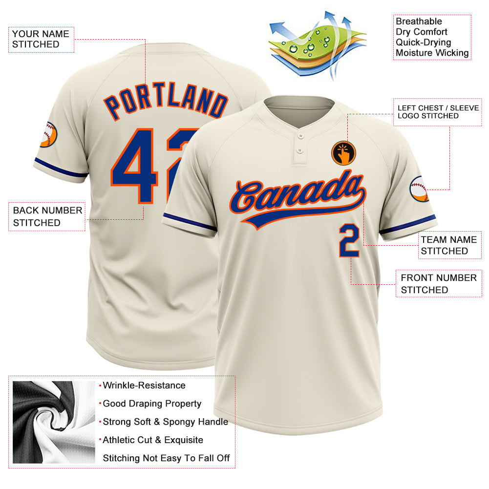 Custom Cream Royal-Orange Two-Button Unisex Softball Jersey