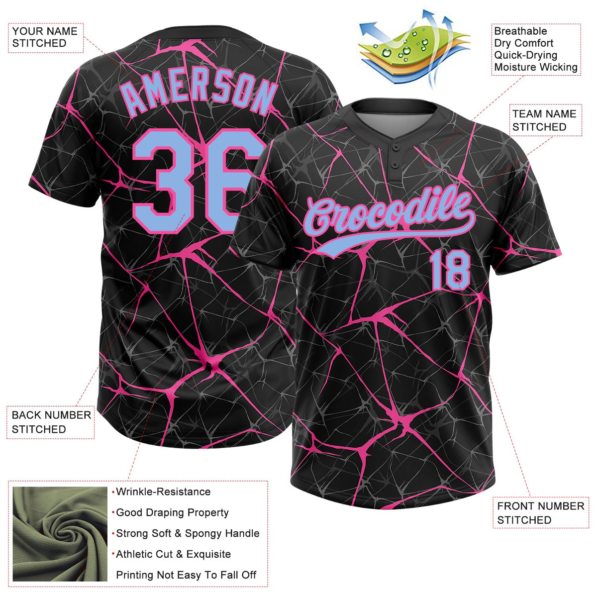 Custom Black Light Blue-Pink 3D Pattern Abstract Network Two-Button Unisex Softball Jersey