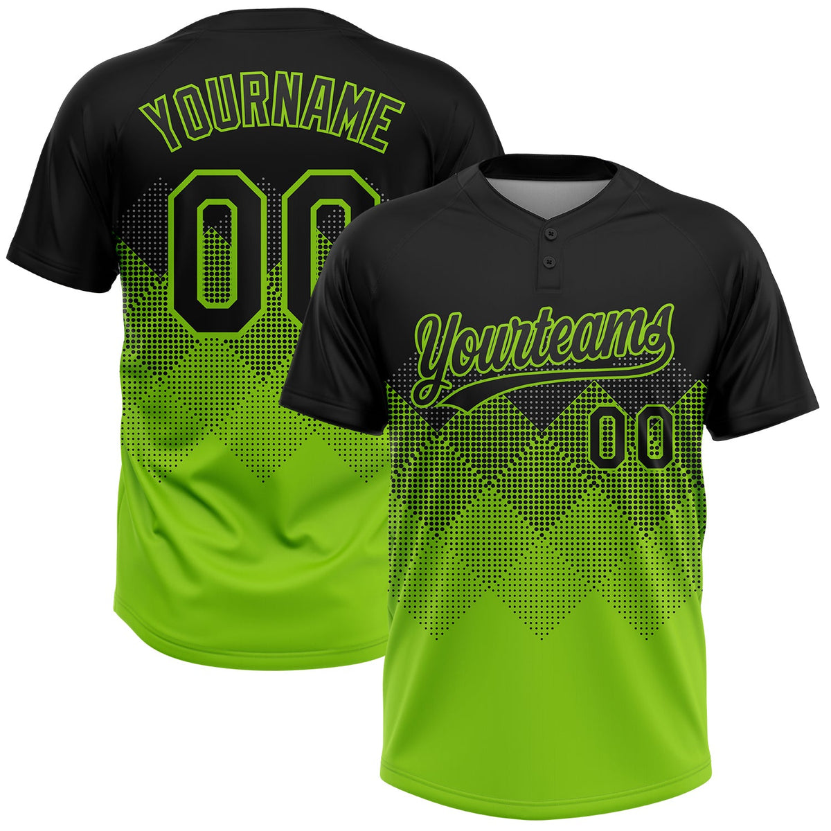 Custom Black Neon Green 3D Pattern Gradient Square Shapes Two-Button Unisex Softball Jersey
