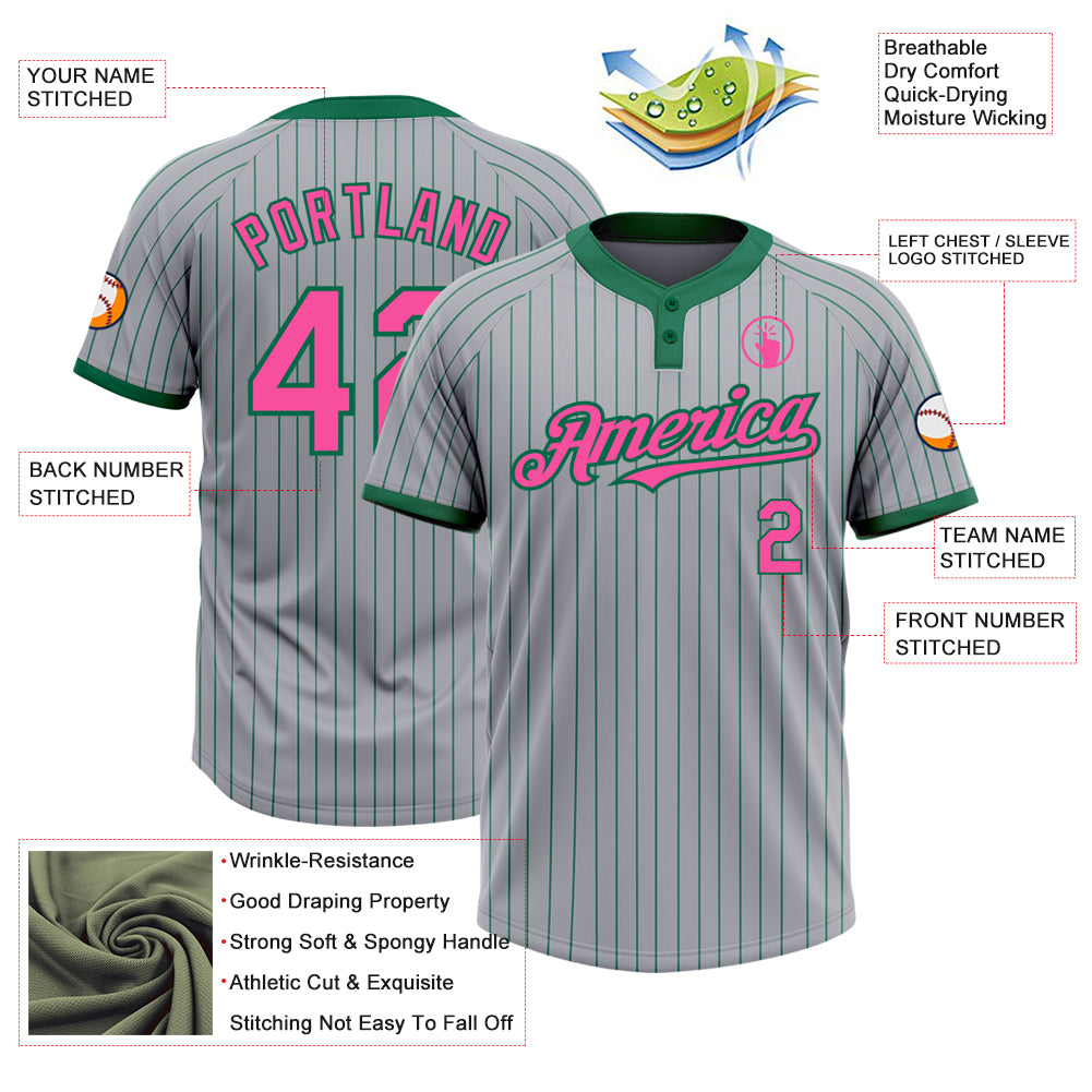 Custom Gray Kelly Green Pinstripe Pink Two-Button Unisex Softball Jersey