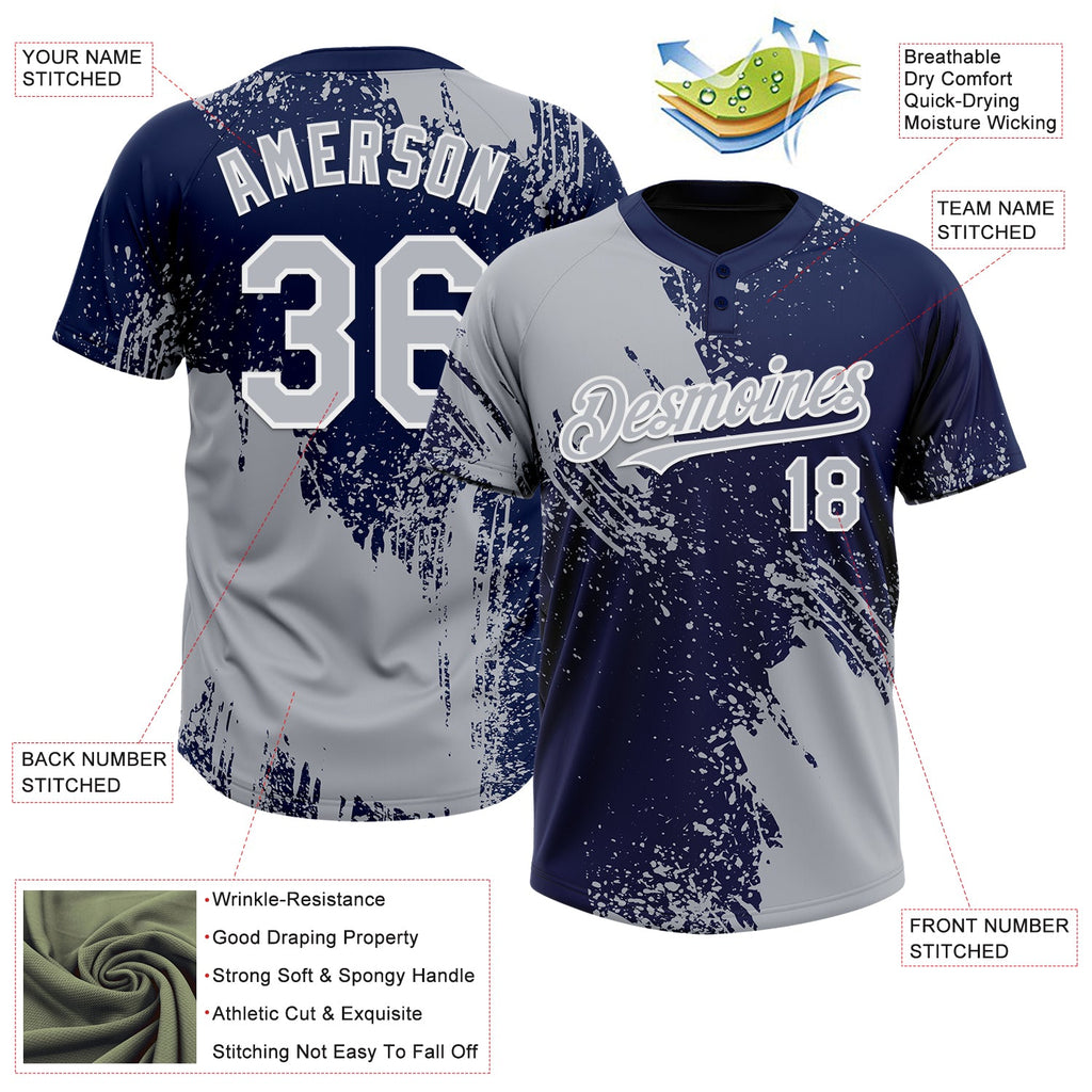 Custom Gray Navy-White 3D Pattern Abstract Brush Stroke Two-Button Unisex Softball Jersey