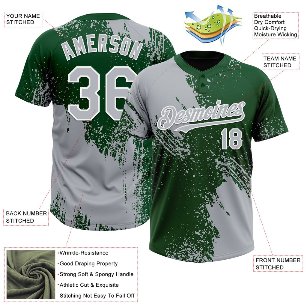Custom Gray Green-White 3D Pattern Abstract Brush Stroke Two-Button Unisex Softball Jersey