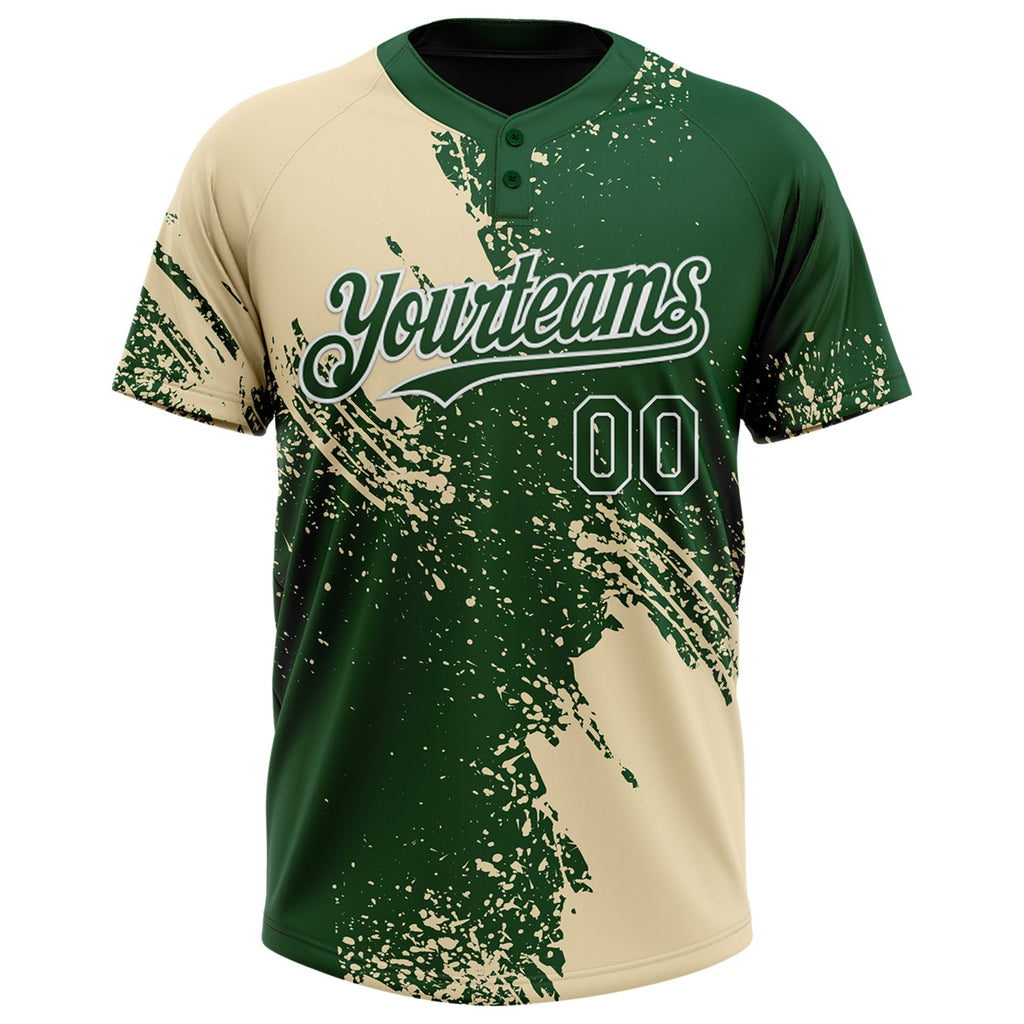 Custom Cream Green-White 3D Pattern Abstract Brush Stroke Two-Button Unisex Softball Jersey
