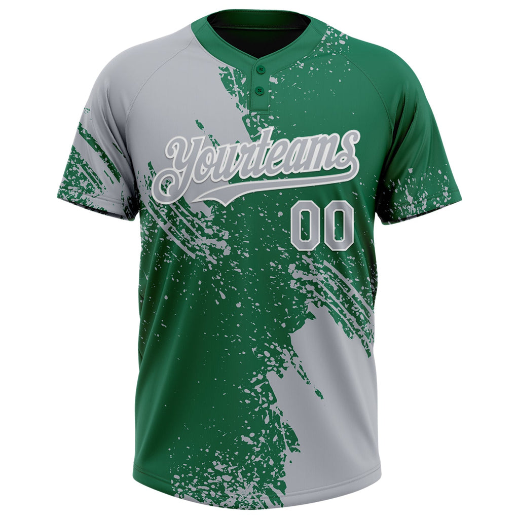 Custom Gray Kelly Green-White 3D Pattern Abstract Brush Stroke Two-Button Unisex Softball Jersey